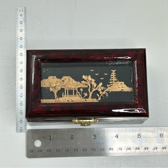 Oriental Hand Carved Pagoda Diorama Cork Art Wooden Trinket Jewelry Box Glass - Picture 8 of 9